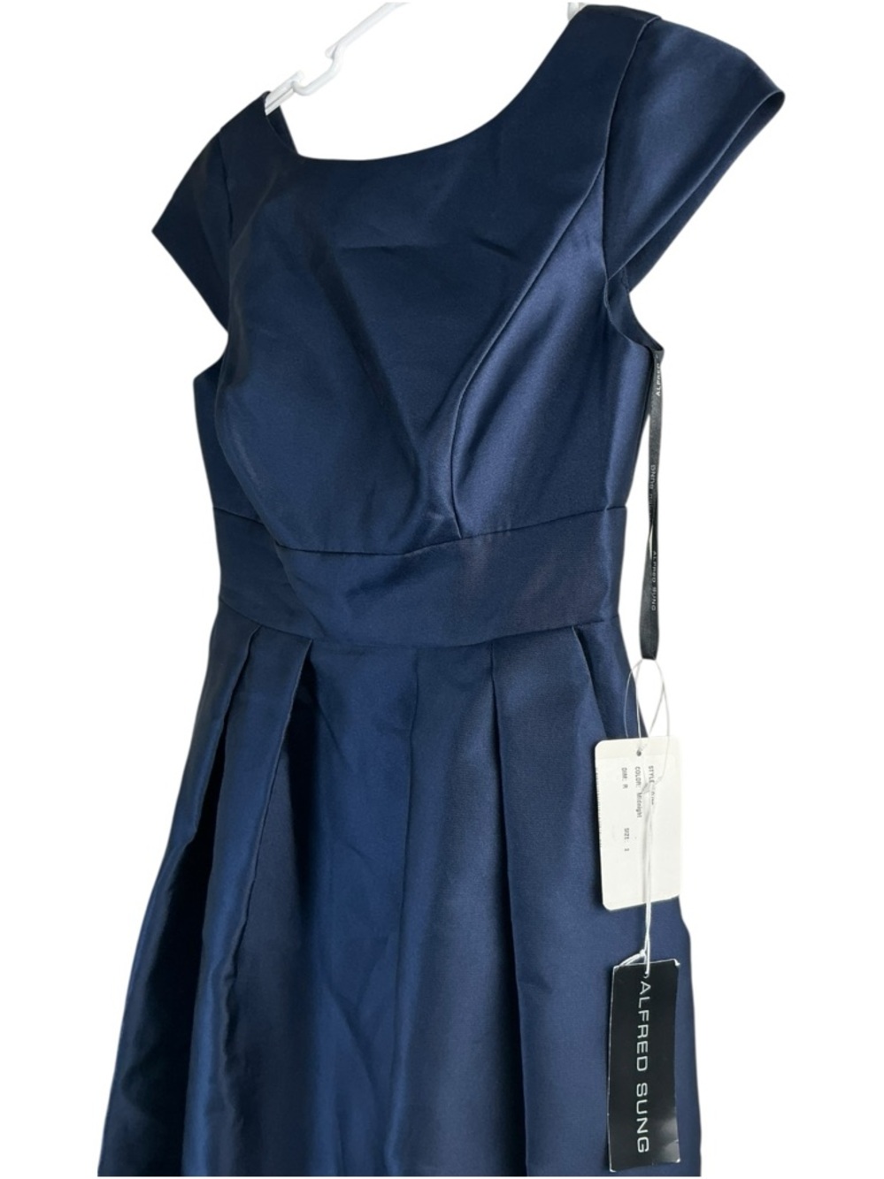 ALFRED SUNG Navy Cap-Sleeve Pleated Midi Dress - Picture 4 of 8